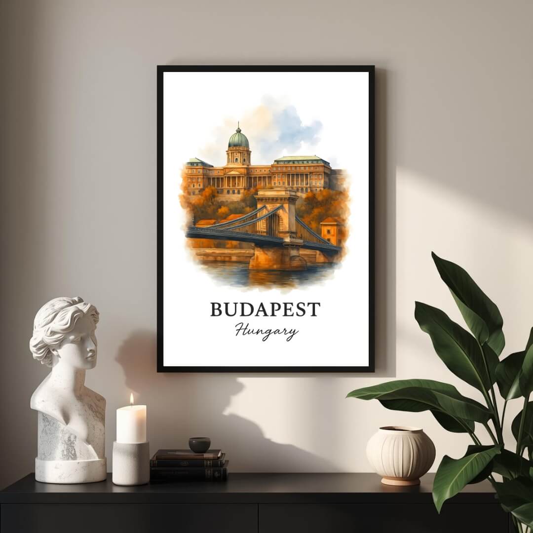 Angled shot of the framed Budapest print promoting it as an ideal luxury cultural gift for European travel enthusiasts.