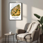 Angled shot of the framed Positano print promoting it as an ideal luxury cultural gift for Italian travel and coastal lovers.