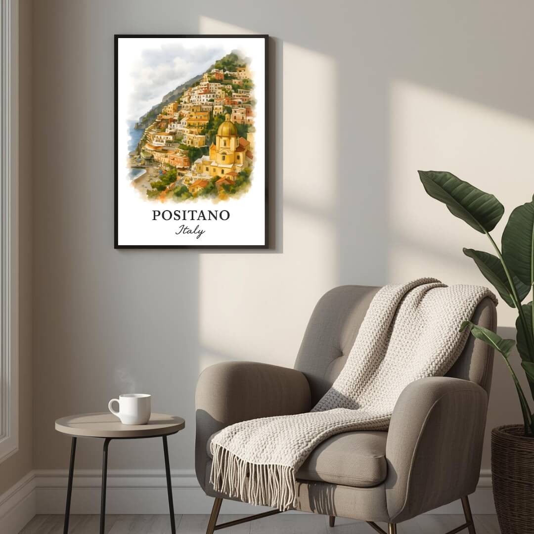 Angled shot of the framed Positano print promoting it as an ideal luxury cultural gift for Italian travel and coastal lovers.