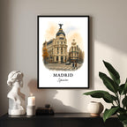Angled shot of the framed Madrid print promoting it as an ideal luxury cultural gift for Spanish travel and architecture lovers.