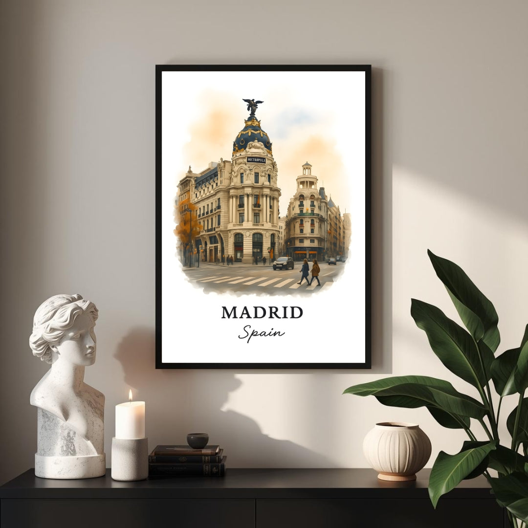 Angled shot of the framed Madrid print promoting it as an ideal luxury cultural gift for Spanish travel and architecture lovers.