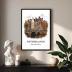 Angled shot of the framed Amsterdam print promoting it as an ideal luxury cultural gift for Dutch travel and architecture lovers.