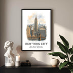Angled shot of the framed NYC print promoting it as an ideal luxury cultural gift for fans of New York and urban architecture.