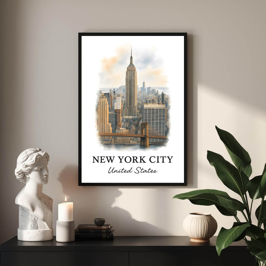 Angled shot of the framed NYC print promoting it as an ideal luxury cultural gift for fans of New York and urban architecture.