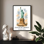 Angled shot of the framed Statue of Liberty print promoting it as an ideal luxury cultural gift for fans of New York and American history.