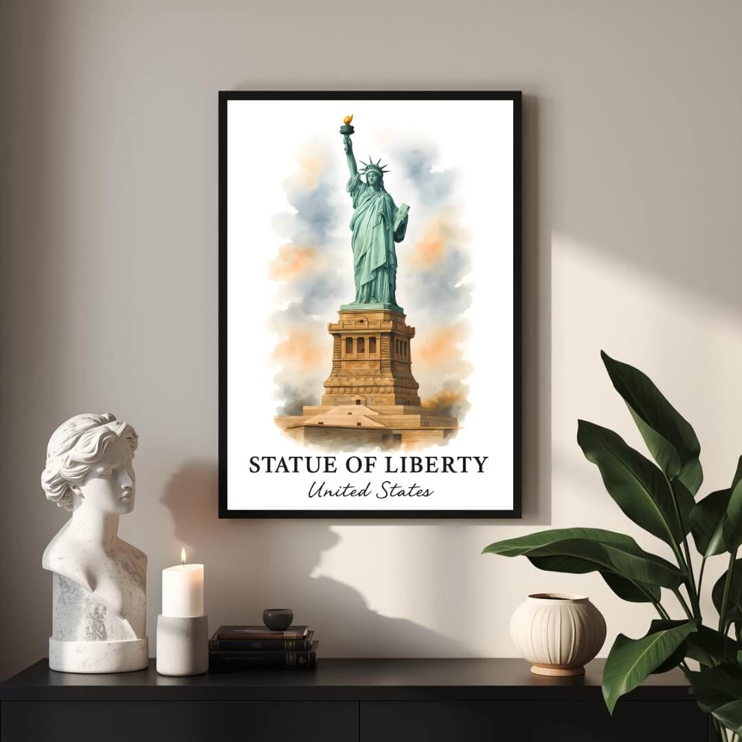 Angled shot of the framed Statue of Liberty print promoting it as an ideal luxury cultural gift for fans of New York and American history.