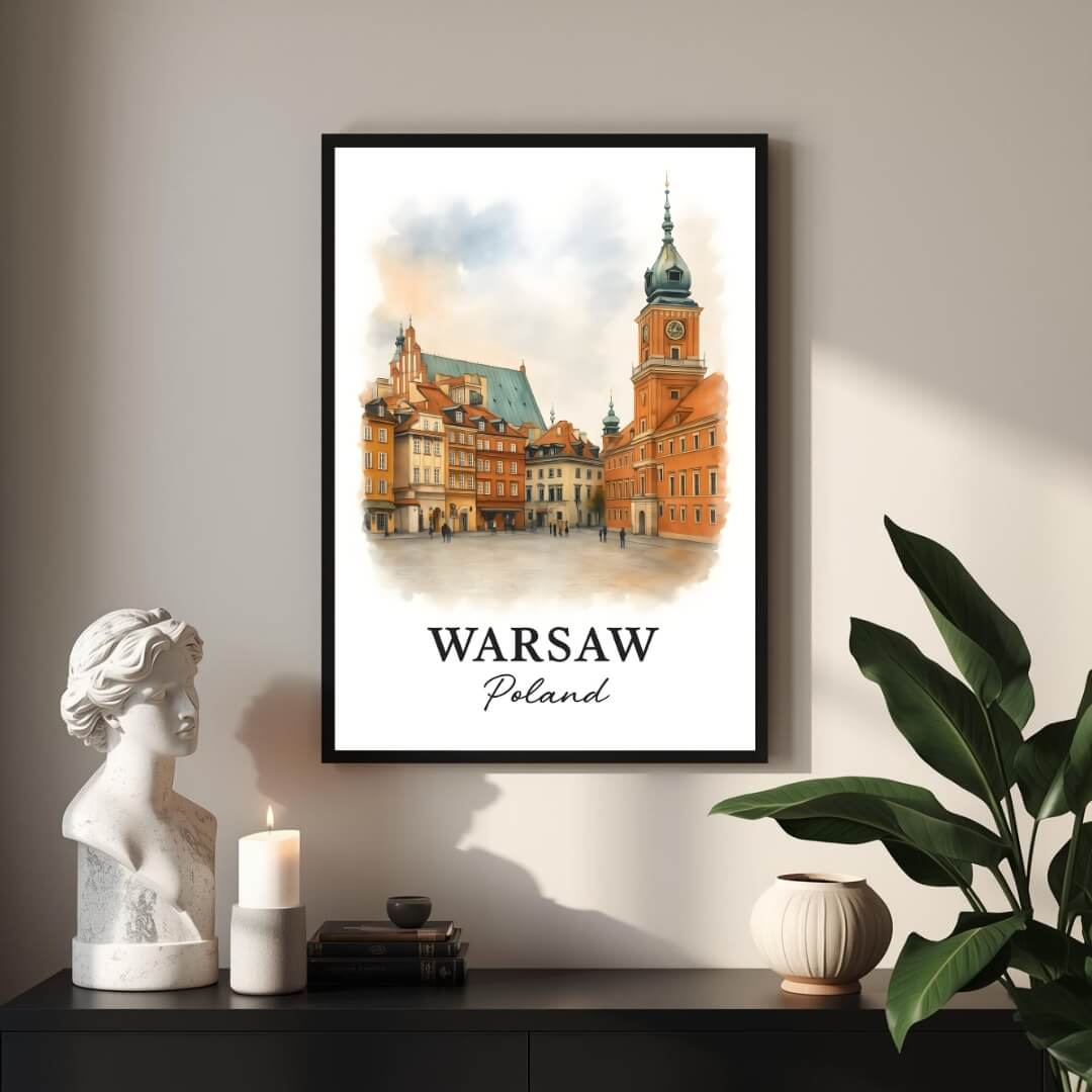 Angled shot of the framed Warsaw print promoting it as an ideal luxury cultural gift for European travel lovers.