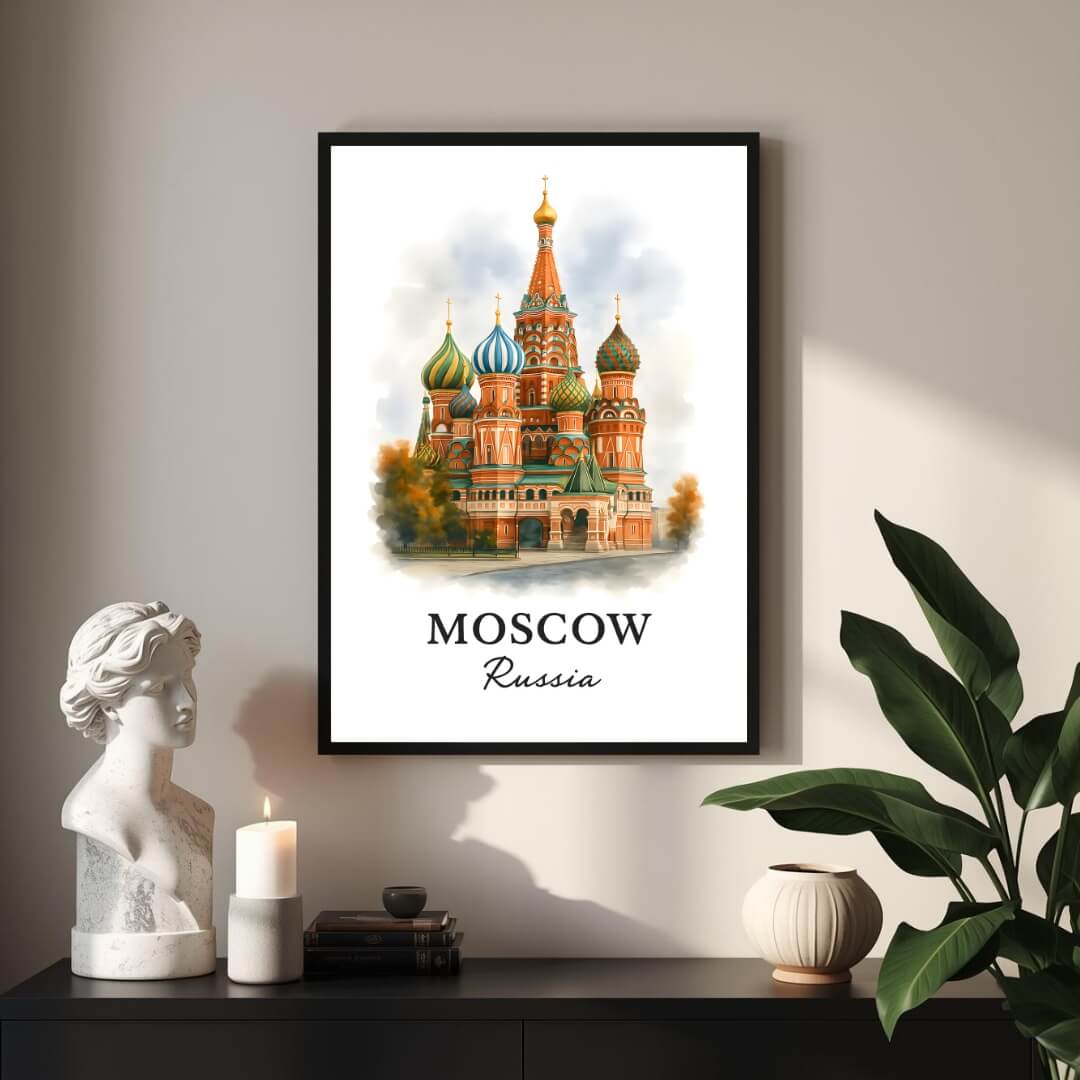Angled shot of the framed Moscow print promoting it as an ideal luxury cultural gift for fans of Russian history and architecture.
