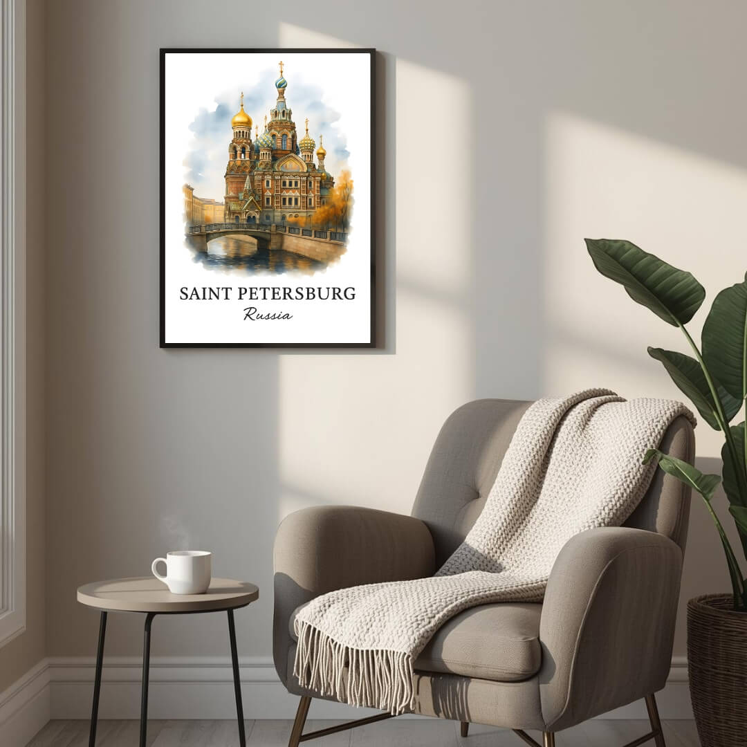 Angled shot of the framed Russian print promoting it as an ideal luxury cultural gift for European history and architecture lovers.