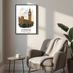 Angled shot of the framed London print promoting it as an ideal luxury cultural gift for fans of British history and architecture.