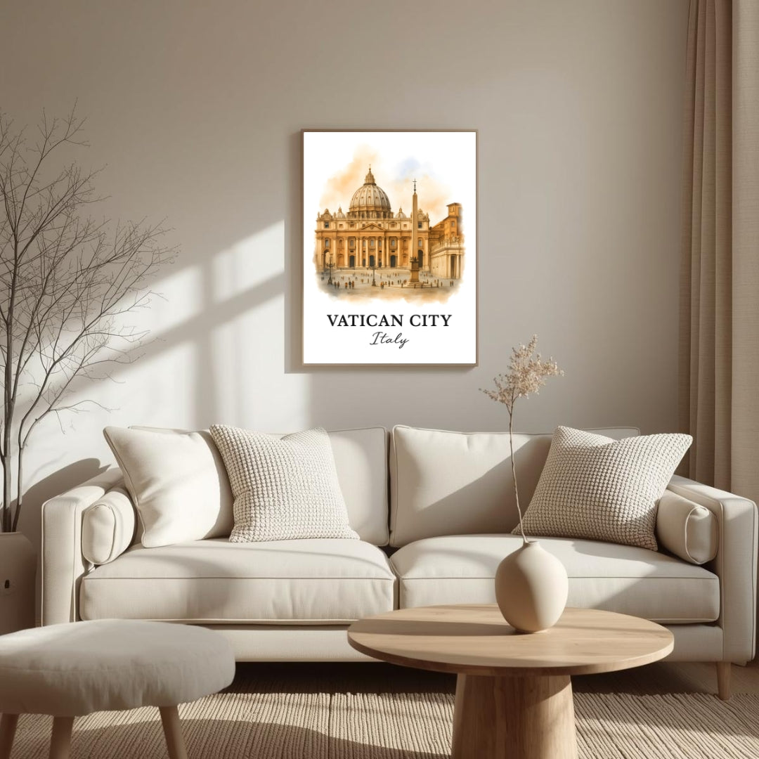 Angled shot of the framed Vatican print promoting it as an ideal luxury cultural gift for religious travelers and architecture lovers.