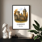 Angled shot of the framed Cardiff print promoting it as an ideal luxury cultural gift for fans of Welsh history and castles.