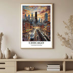 A framed art print depicting the vibrant Chicago skyline at sunset with the "L" train, styled to complement an industrial or modern interior.
