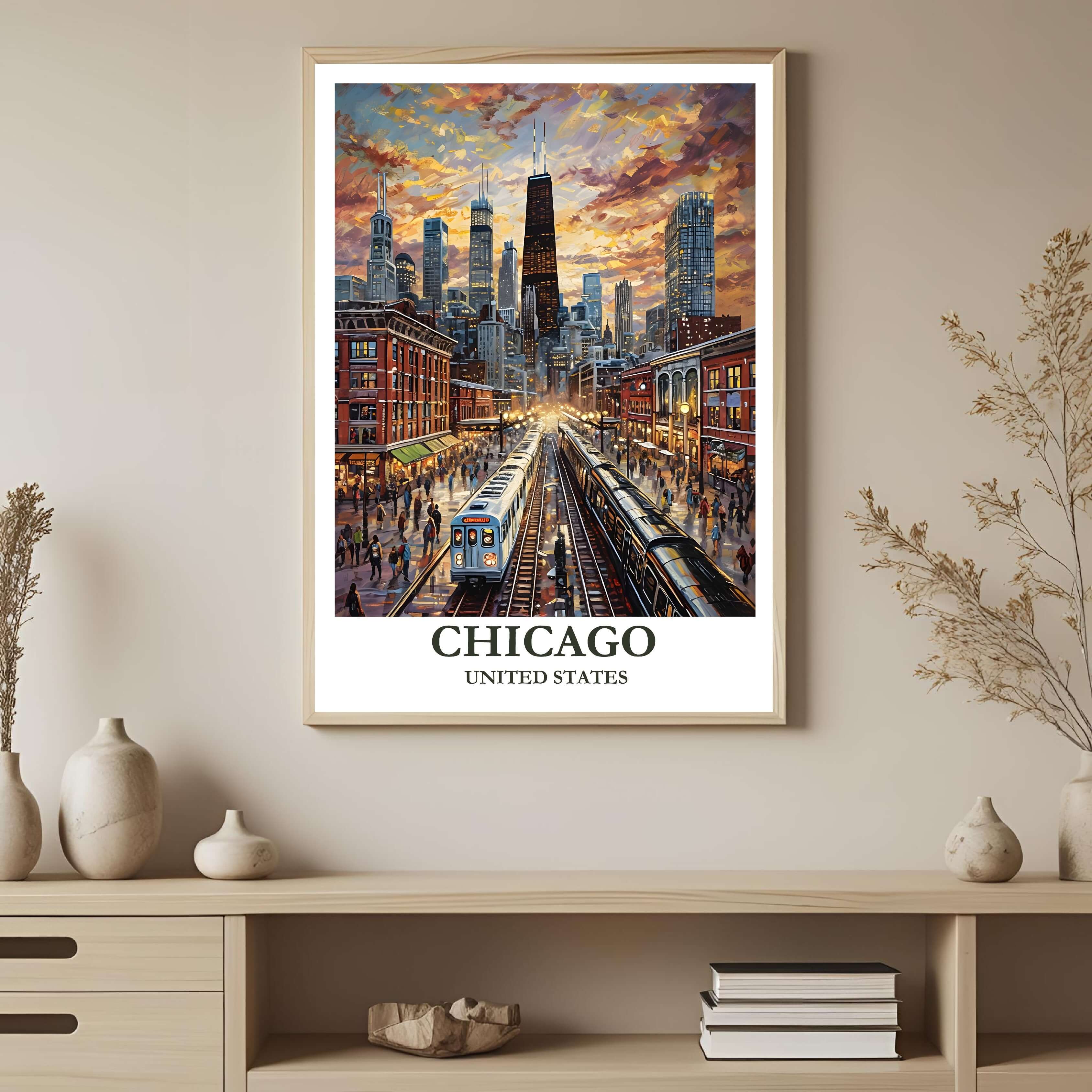 A framed art print depicting the vibrant Chicago skyline at sunset with the "L" train, styled to complement an industrial or modern interior.
