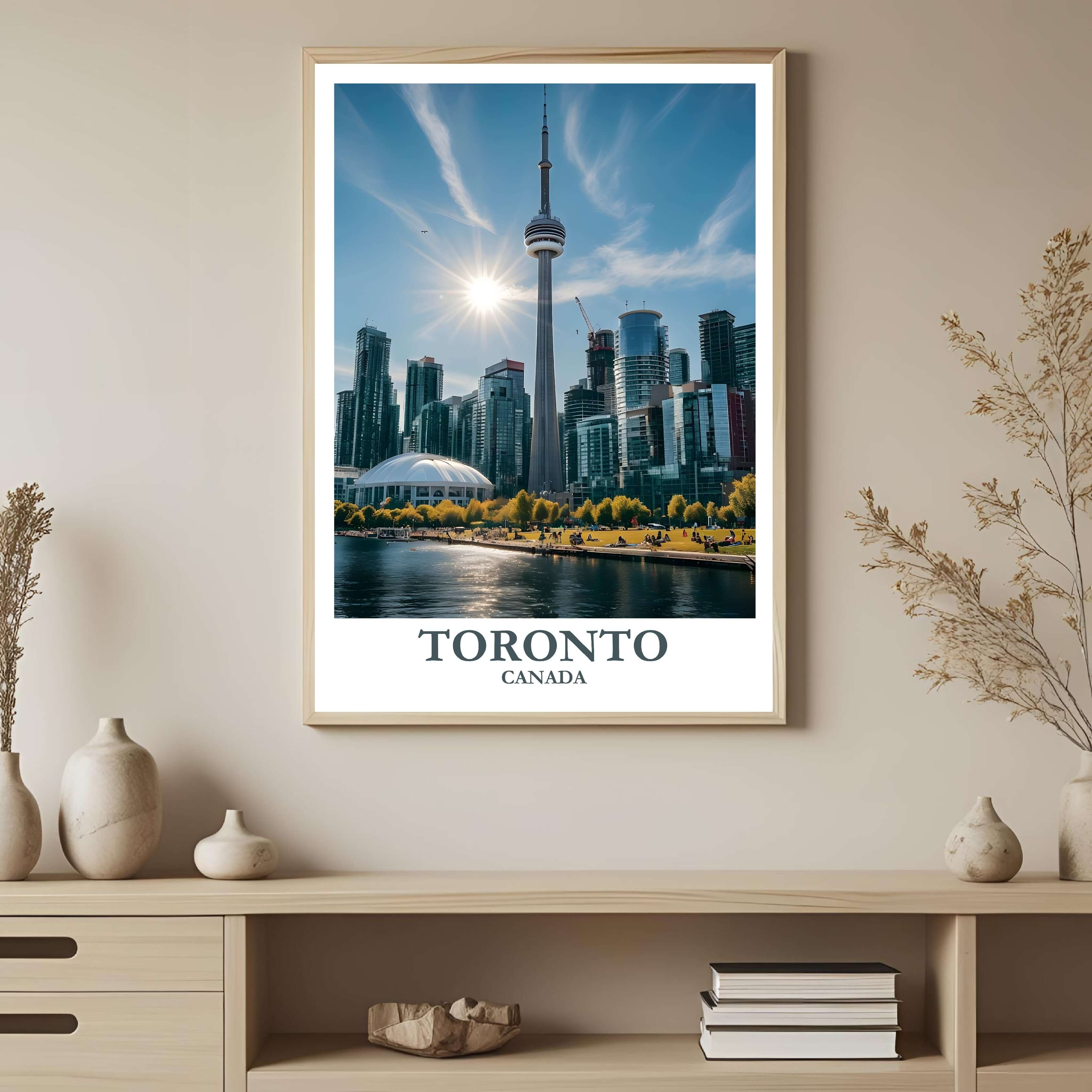 A framed art print with a stunning photograph of Toronto's CN Tower and skyline, styled to complement modern, urban-inspired interiors.