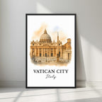 Framed art print of the majestic St. Peter's Basilica and Square in Vatican City in a sleek black Ayous wood frame. Ideal for luxury European or religious decor.