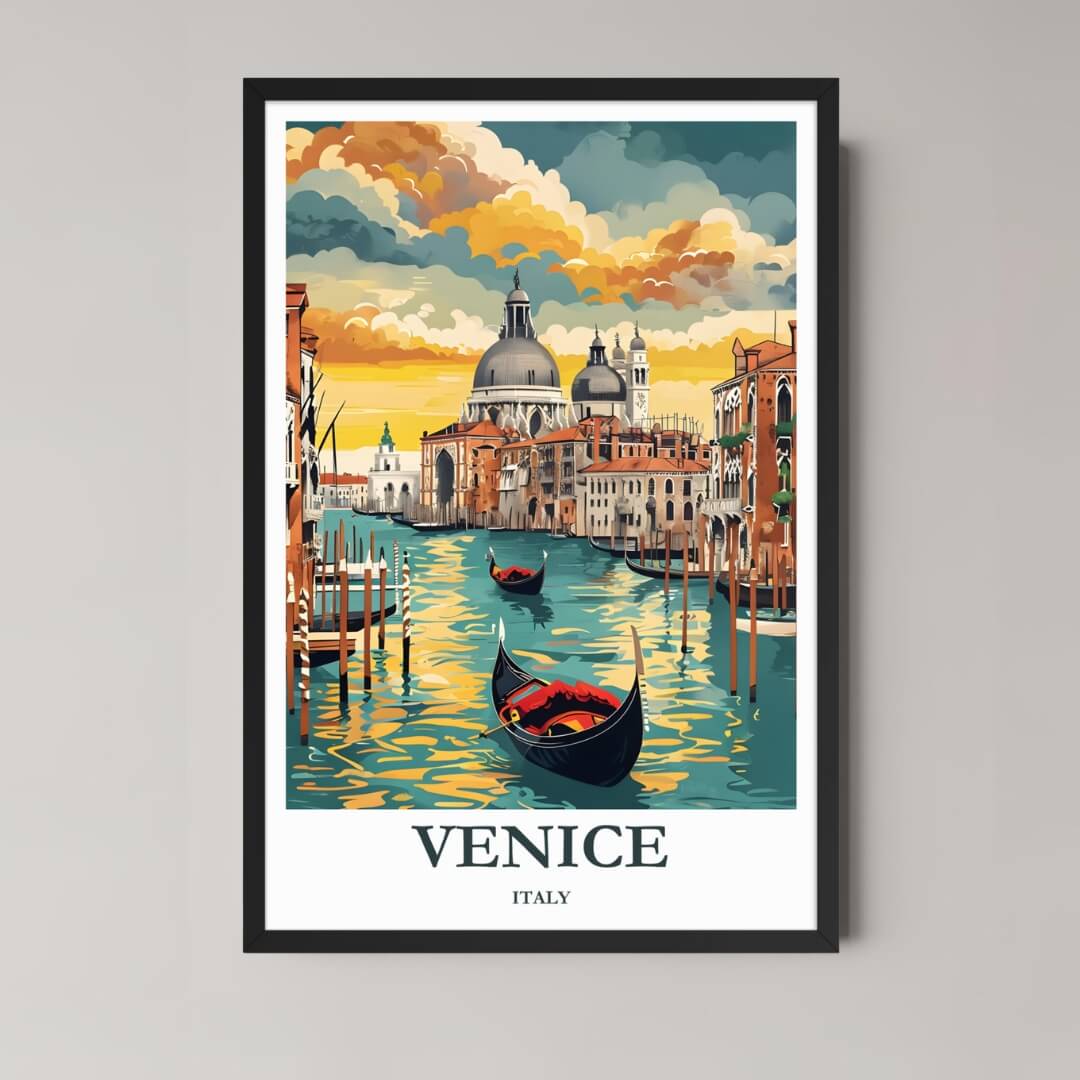 A framed, vibrant illustration of the Venice Grand Canal at sunset, showing a gondola, historic basilica, and colorful reflections, in a classic black frame.