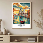 A high-quality framed poster featuring the name VENICE, ITALY and the city's famous canal and architectural domes, perfect as a romantic gift or souvenir.