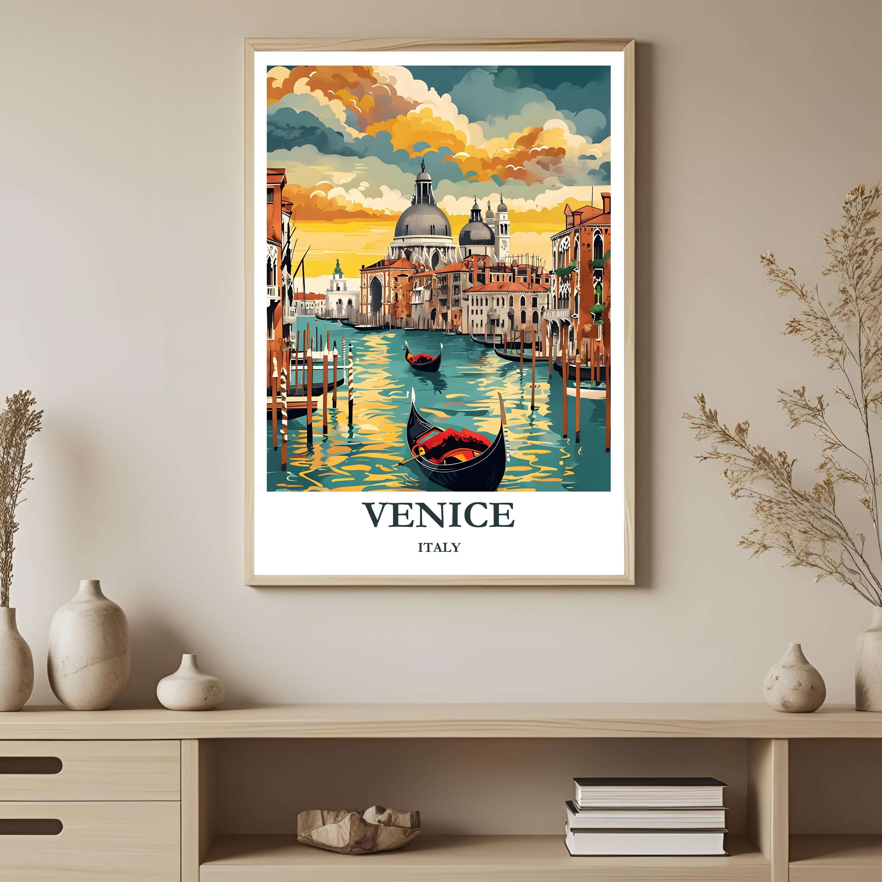 A high-quality framed poster featuring the name VENICE, ITALY and the city's famous canal and architectural domes, perfect as a romantic gift or souvenir.