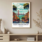 Detailed illustration of a yellow vintage car driving down a steep San Francisco street, surrounded by colorful Victorian architecture with the Golden Gate Bridge visible.