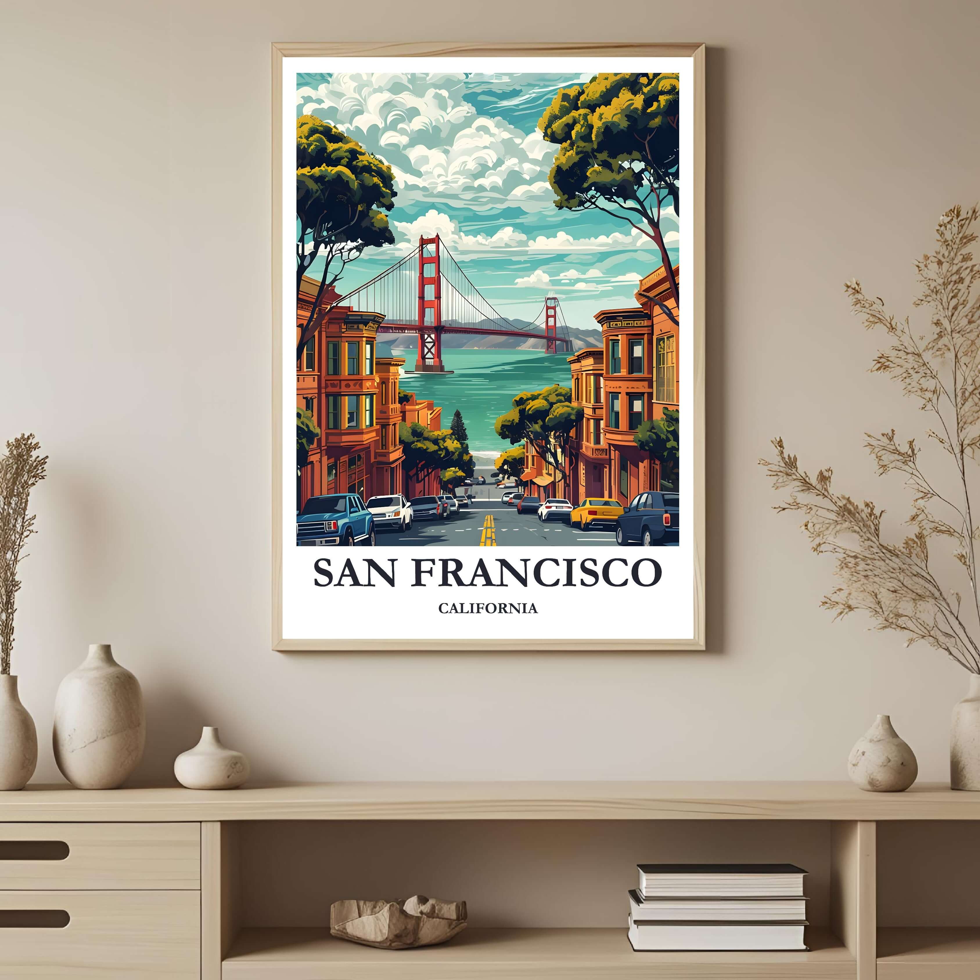 Detailed illustration of a yellow vintage car driving down a steep San Francisco street, surrounded by colorful Victorian architecture with the Golden Gate Bridge visible.