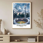 A framed, high-quality poster featuring the Toronto skyline reflected in the water, capturing the bright light and modern architecture.