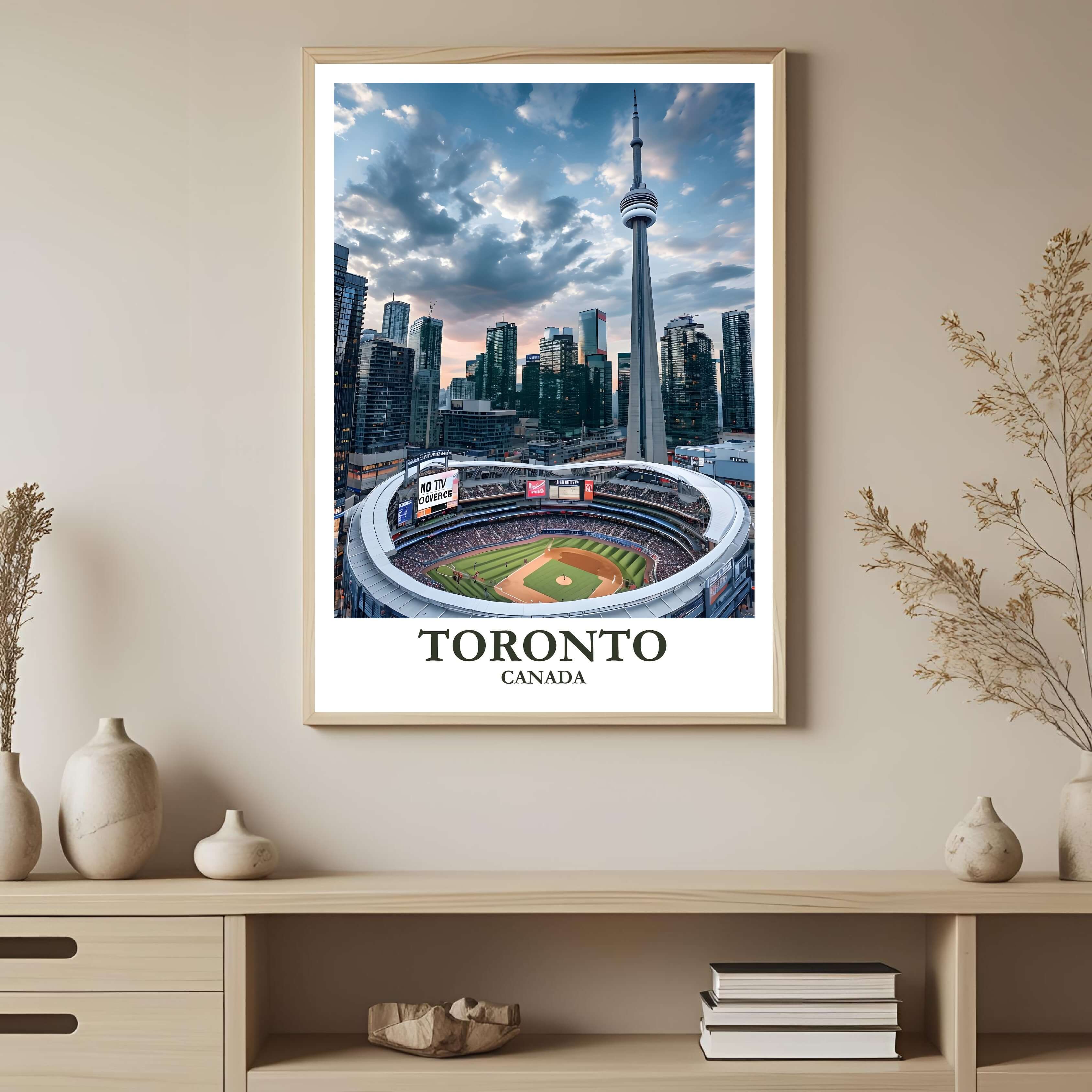 A framed, high-quality poster featuring the Toronto skyline reflected in the water, capturing the bright light and modern architecture.