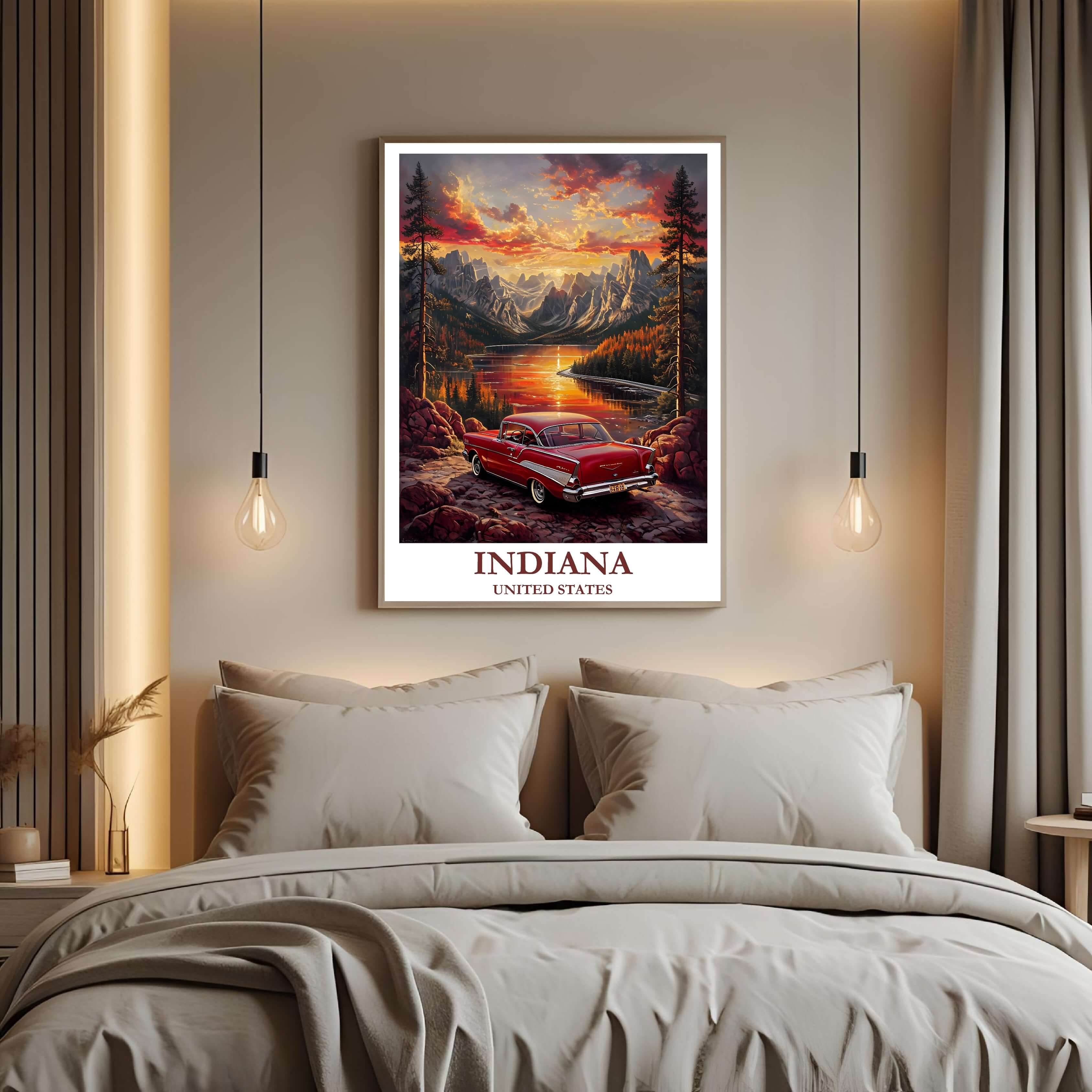 A framed art print of the classic vintage car decorating a bedroom wall, creating a peaceful, travel-inspired atmosphere.