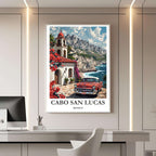 A framed illustration of a vintage car in Cabo San Lucas, styled in a cozy, travel-inspired home interior.