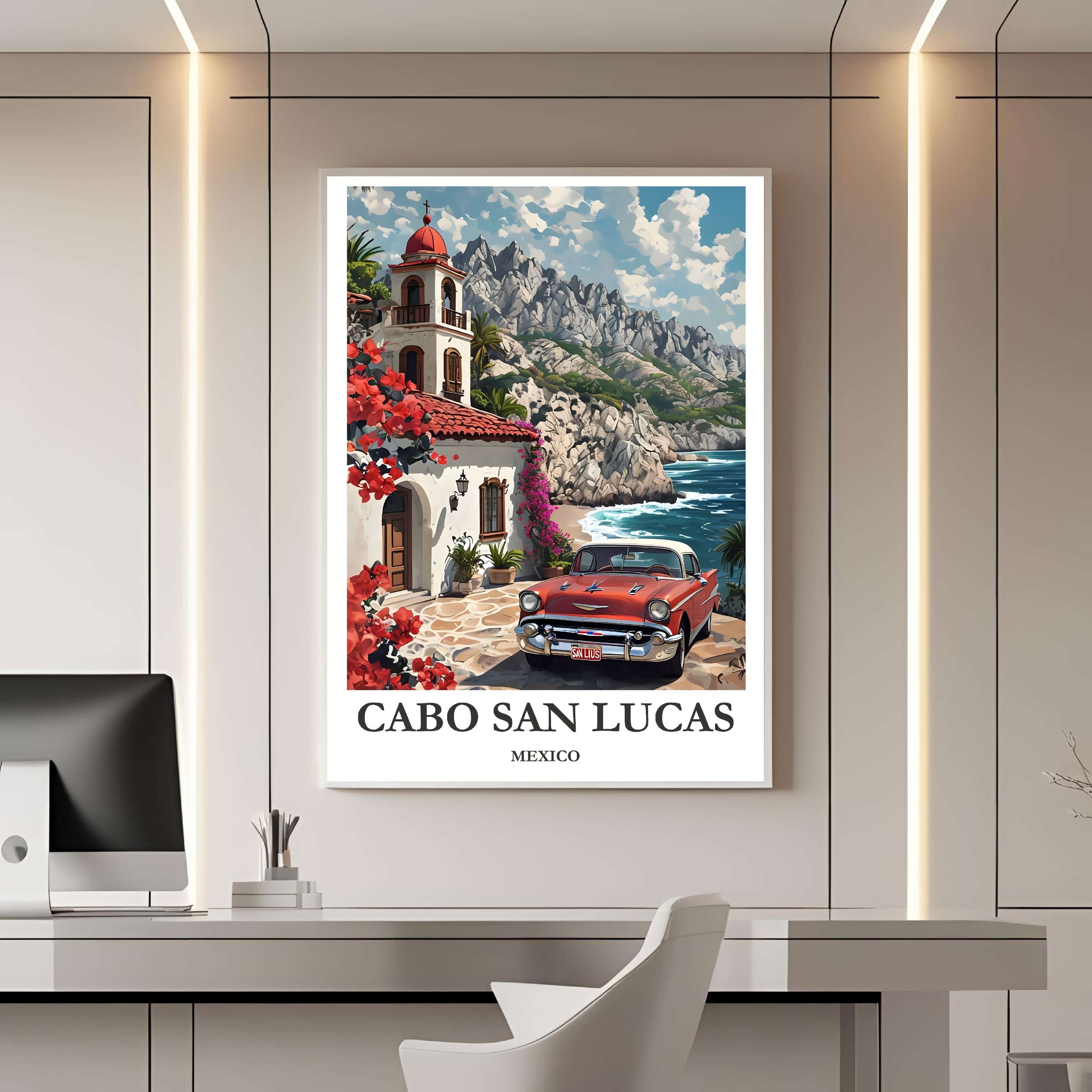 A framed illustration of a vintage car in Cabo San Lucas, styled in a cozy, travel-inspired home interior.