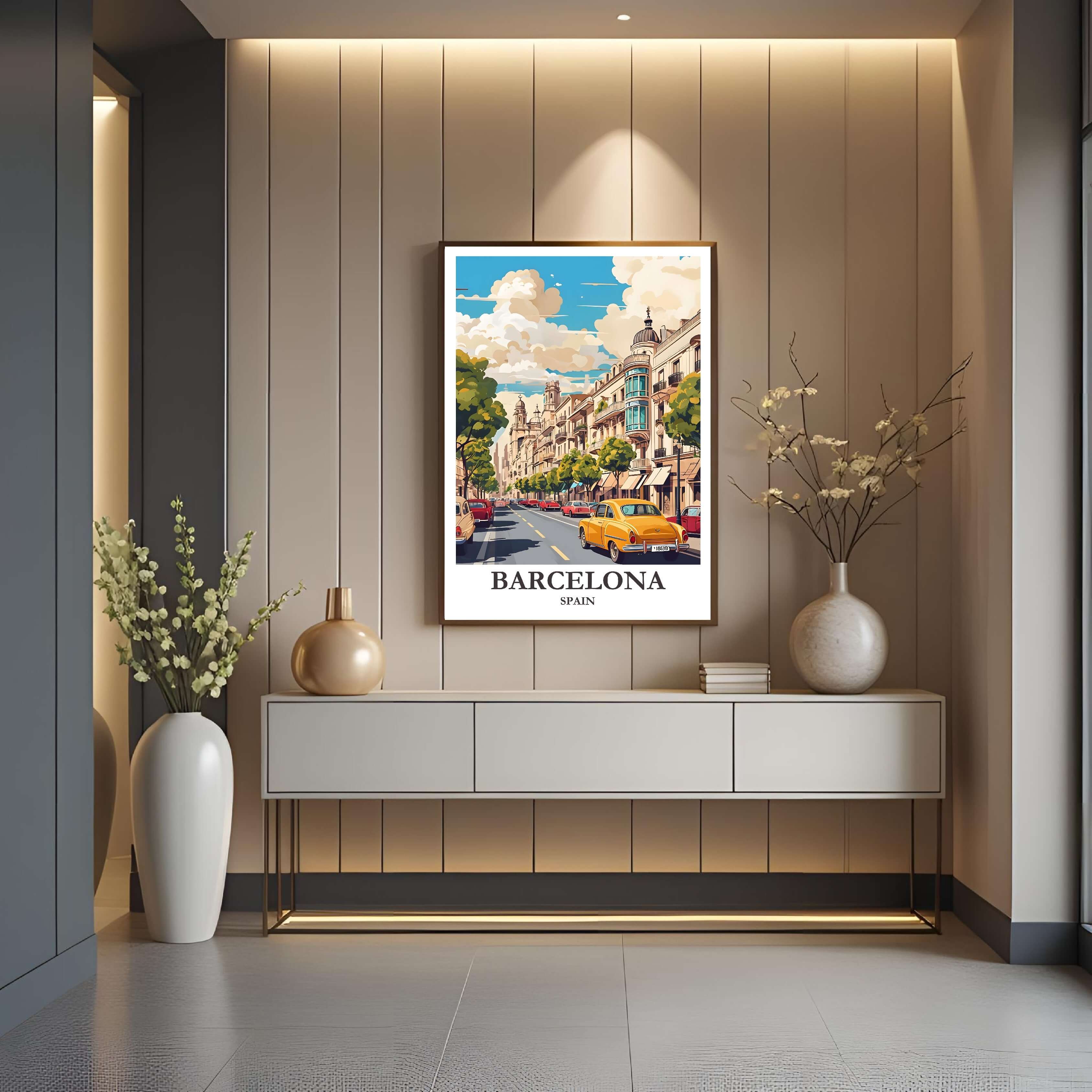 A framed illustration of a Barcelona street featuring a vintage yellow car, styled in a cozy, retro-inspired home interior.