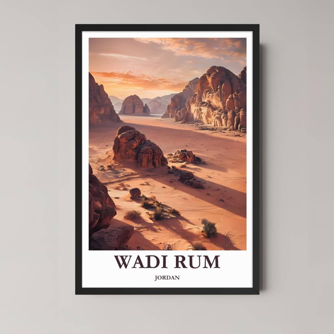  A framed, high-quality photo print of Wadi Rum, Jordan, showing towering red sandstone mountains and desert dunes under a dramatic sunset sky, in a classic black frame.