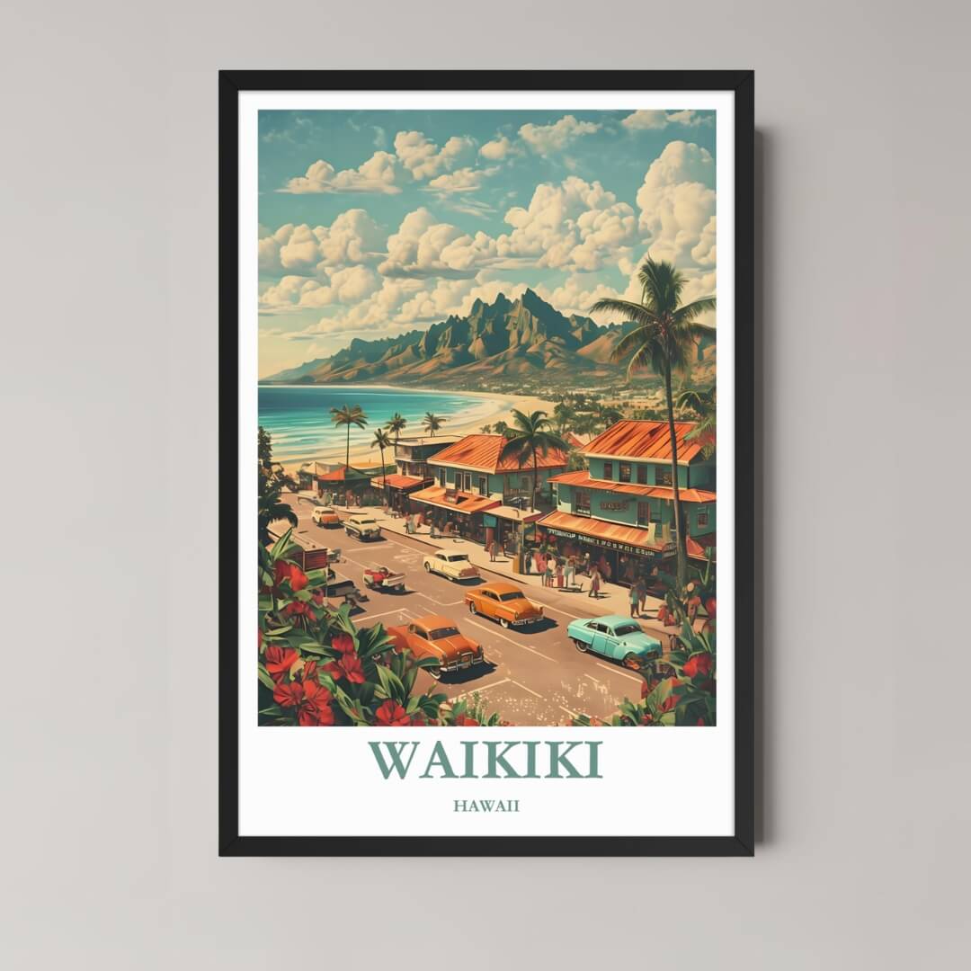 A framed, vibrant illustration of the Waikiki street scene looking towards Diamond Head and the beach, set in a classic black frame.