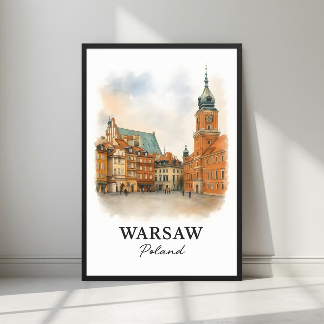 Framed art print of the beautiful Warsaw Old Town Square and Royal Castle in a sleek black Ayous wood frame. Ideal for luxury Polish or European decor.