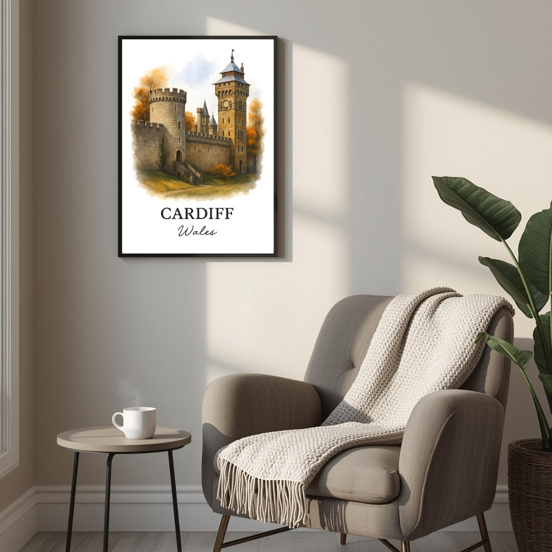 Framed Cardiff Castle print displayed as part of a curated European gallery wall. Shows seamless integration into luxury decor collections.