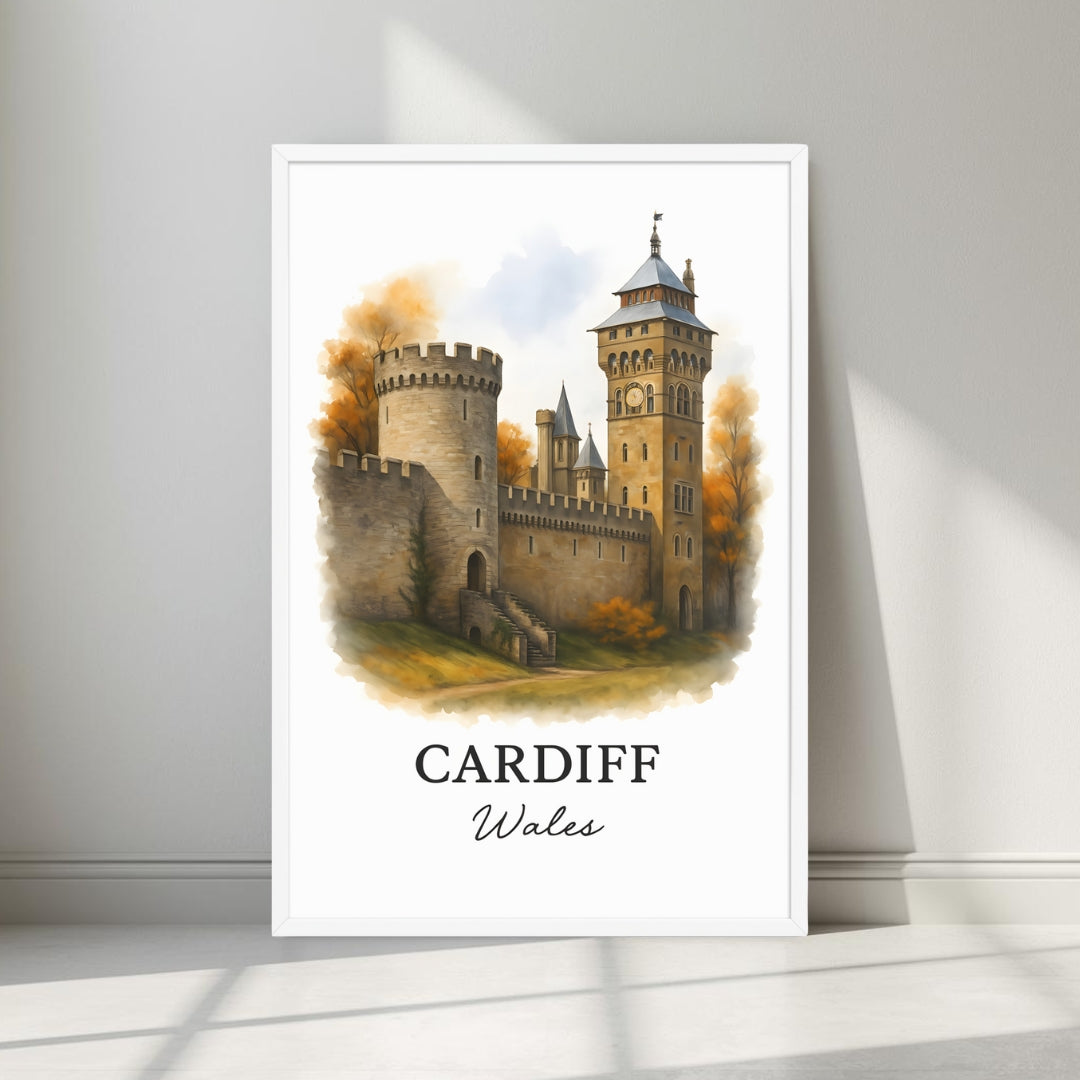 Watercolor-style print of the historic Cardiff Castle Clock Tower in a minimalist white frame. Captures the strong stone architecture and autumn colors.