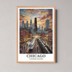 A framed illustration of Chicago's downtown with a rustic red oak wood frame, highlighting the rich, warm colors of the sunset.