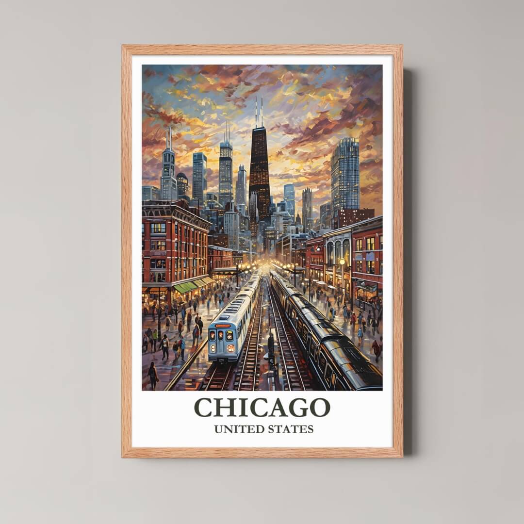 A framed illustration of Chicago's downtown with a rustic red oak wood frame, highlighting the rich, warm colors of the sunset.