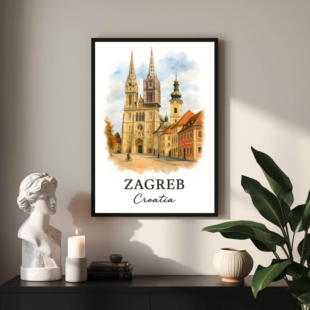 Framed Zagreb print displayed as part of a curated European gallery wall. Shows seamless integration into luxury decor collections.