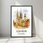 Framed art print of the majestic Zagreb Cathedral and historic Old Town in a sleek black Ayous wood frame. Ideal for luxury Croatian or European decor.