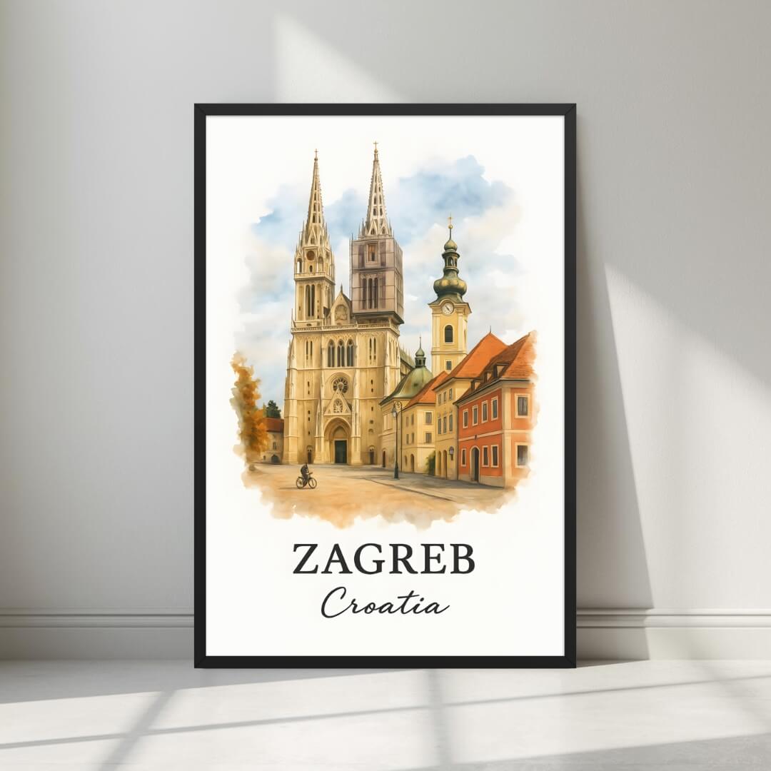 Framed art print of the majestic Zagreb Cathedral and historic Old Town in a sleek black Ayous wood frame. Ideal for luxury Croatian or European decor.