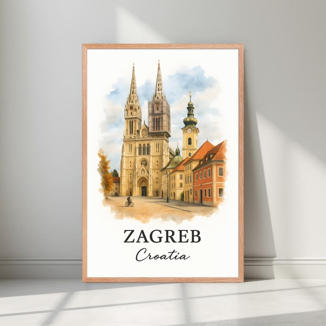 Framed Zagreb art print in a natural Red Oak wood frame. Highlights the warm tones and unique historical architecture.