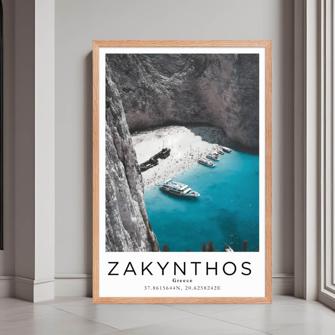 A framed poster of Navagio Beach in Zakynthos, Greece, with a red oak wood frame, styled in a luxurious modern interior.