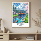 A framed art print with a Japanese aesthetic, featuring a tranquil scene with a train and Mount Fuji, styled in a minimalist, zen-inspired room.