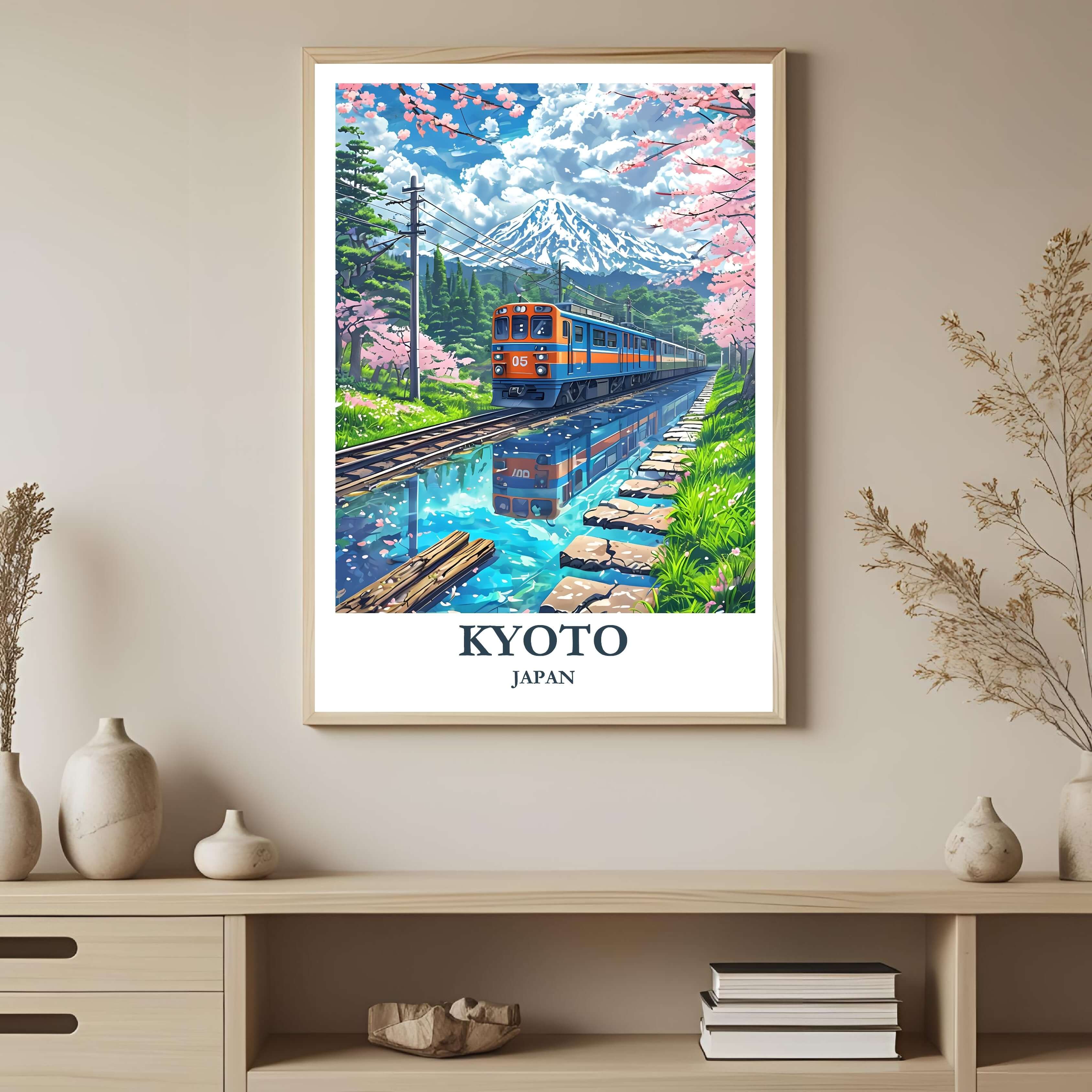 A framed art print with a Japanese aesthetic, featuring a tranquil scene with a train and Mount Fuji, styled in a minimalist, zen-inspired room.