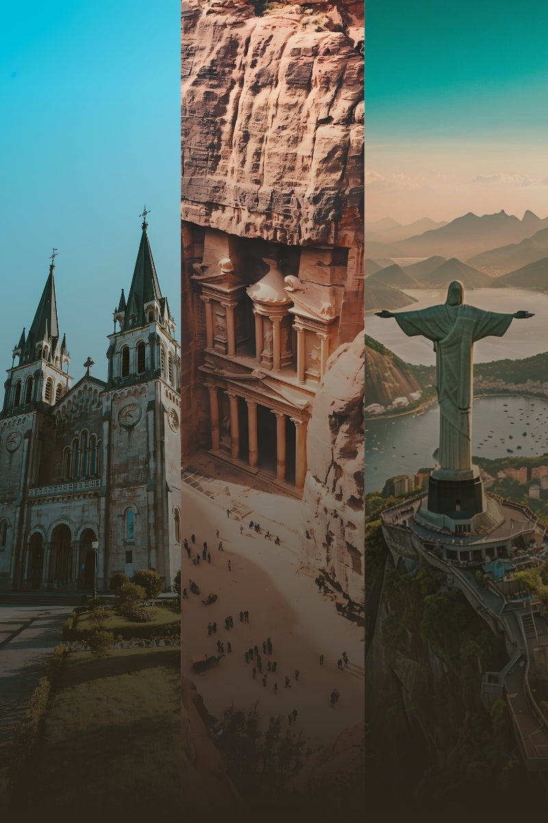 Vertical hero banner showcasing framed travel art of Asturias, Petra, and Rio de Janeiro — representing Arvelo’s premium global wall art collection.