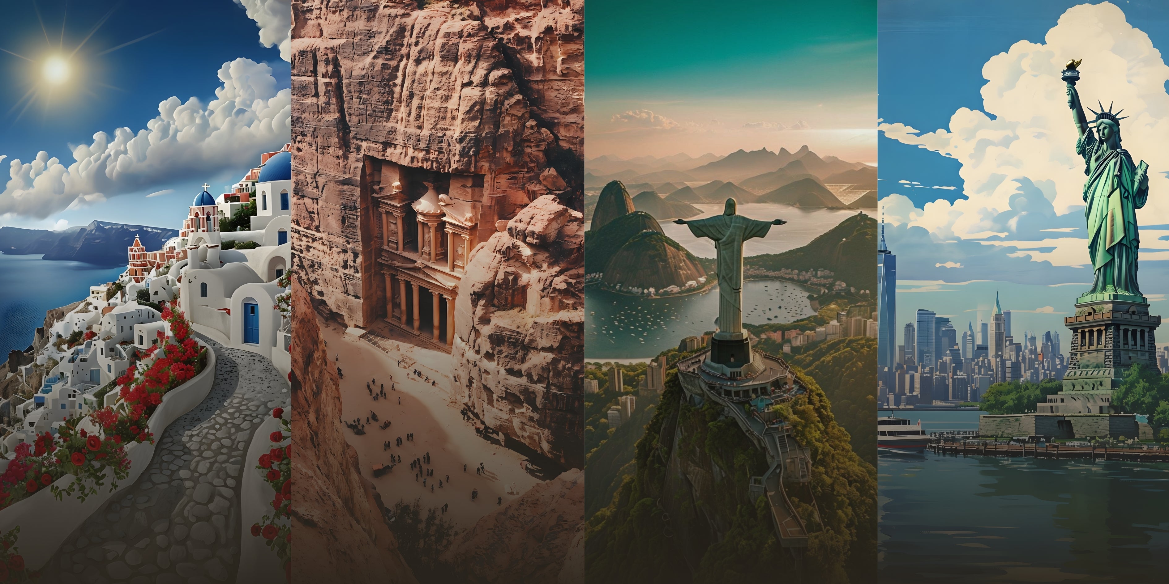 Panoramic hero banner featuring four iconic travel art posters — Santorini, Petra, Rio de Janeiro, and New York — representing Arvelo’s luxury global wall art collection.