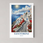 A framed art print of the Santorini illustration with a minimalist white frame, emphasizing the bright white architecture and blue sea view.