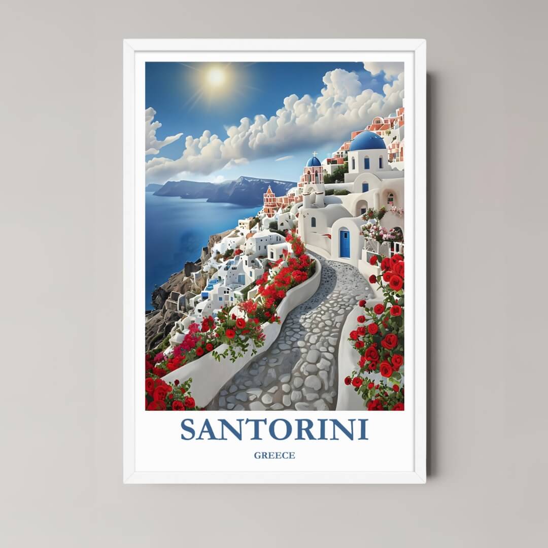 A framed art print of the Santorini illustration with a minimalist white frame, emphasizing the bright white architecture and blue sea view.