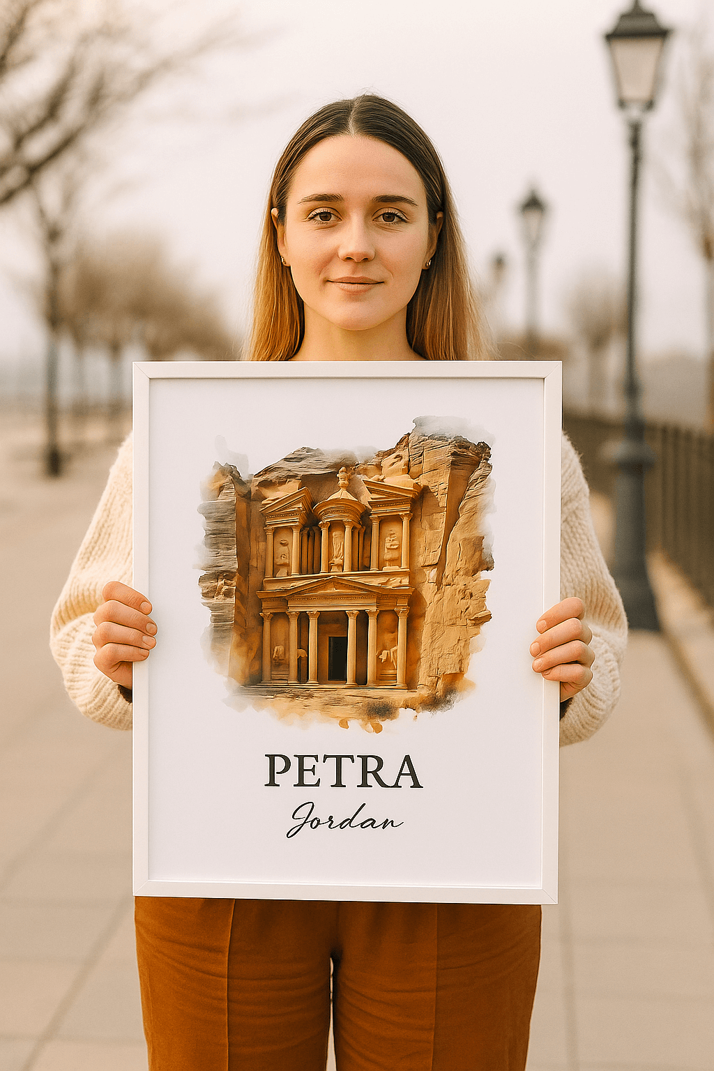 Young woman holding a framed watercolor poster of Petra, Jordan, outdoors — representing the beauty of Middle Eastern heritage art in a modern lifestyle setting.